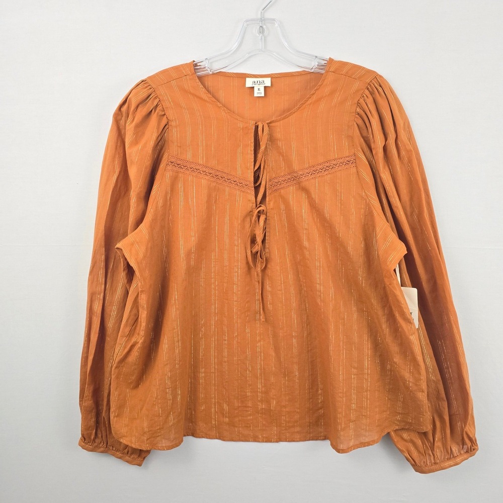 A.N.A Scoop Tie Neckline Long Sleeve Metallic‎ Stripe Women Shirt Brown XL New